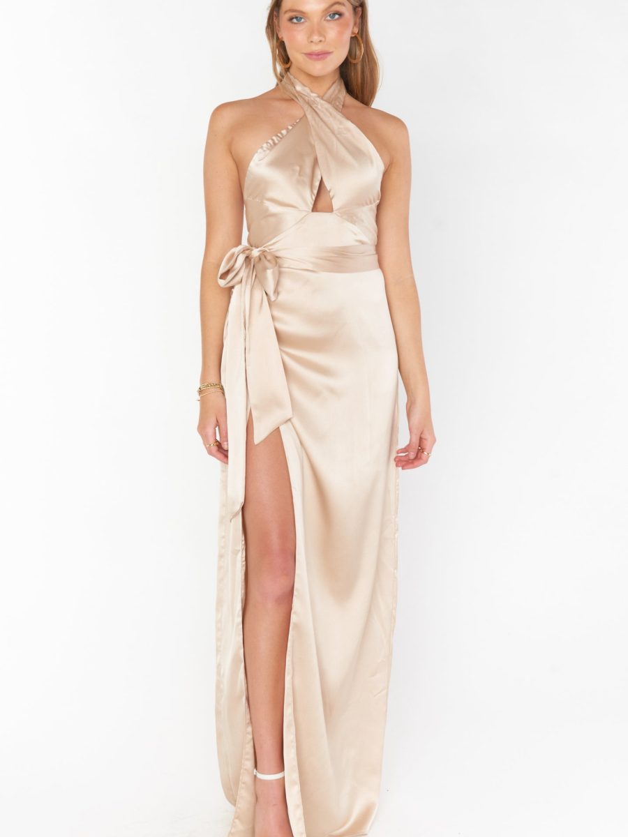 Adele Halter Maxi Dress ~ Champagne Luxe Satin
