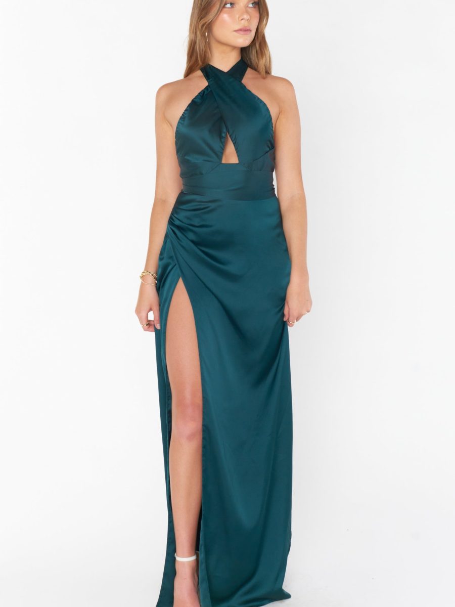 Adele Halter Maxi Dress ~ Deep Emerald Luxe Satin