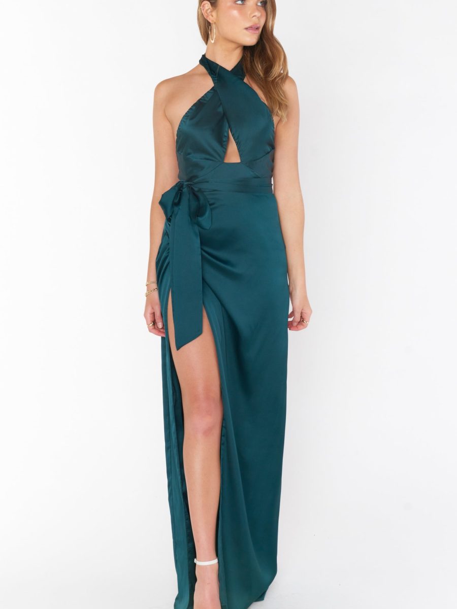 Adele Halter Maxi Dress ~ Deep Emerald Luxe Satin