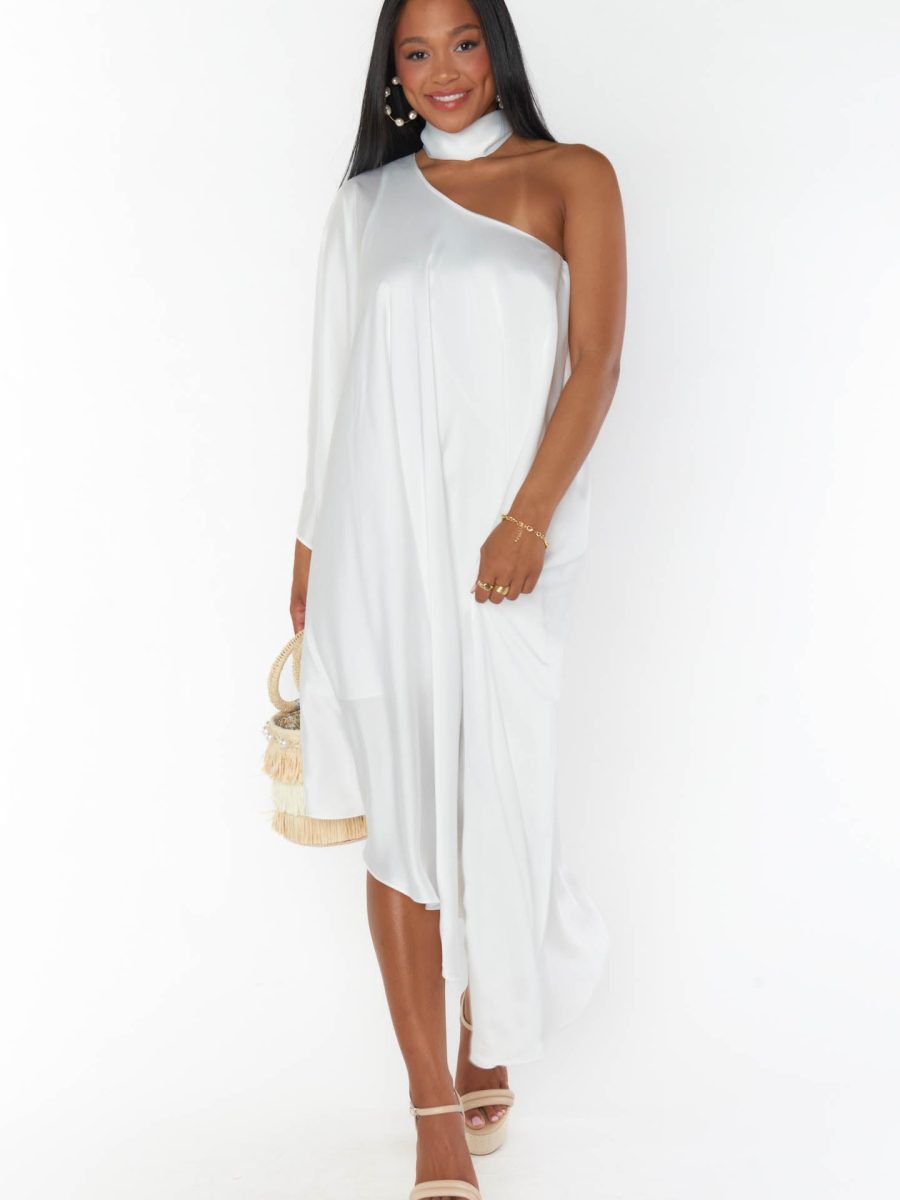Rhea One Shoulder Dress ~ Ivory Luxe Satin