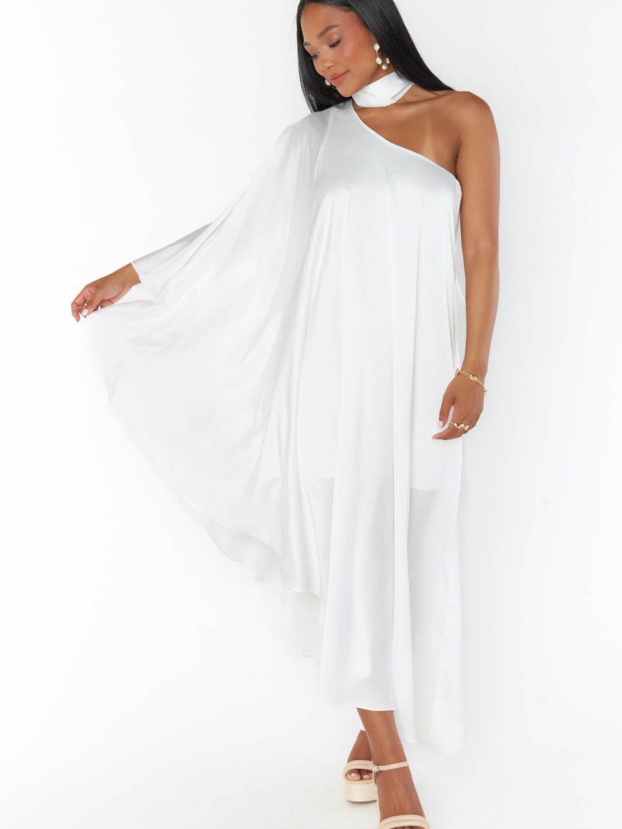 Rhea One Shoulder Dress ~ Ivory Luxe Satin