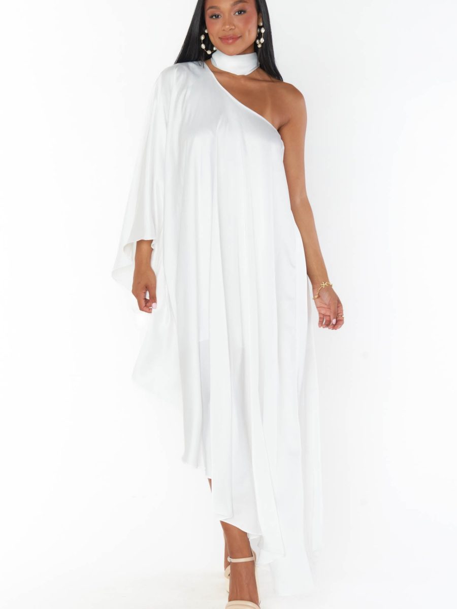 Rhea One Shoulder Dress ~ Ivory Luxe Satin