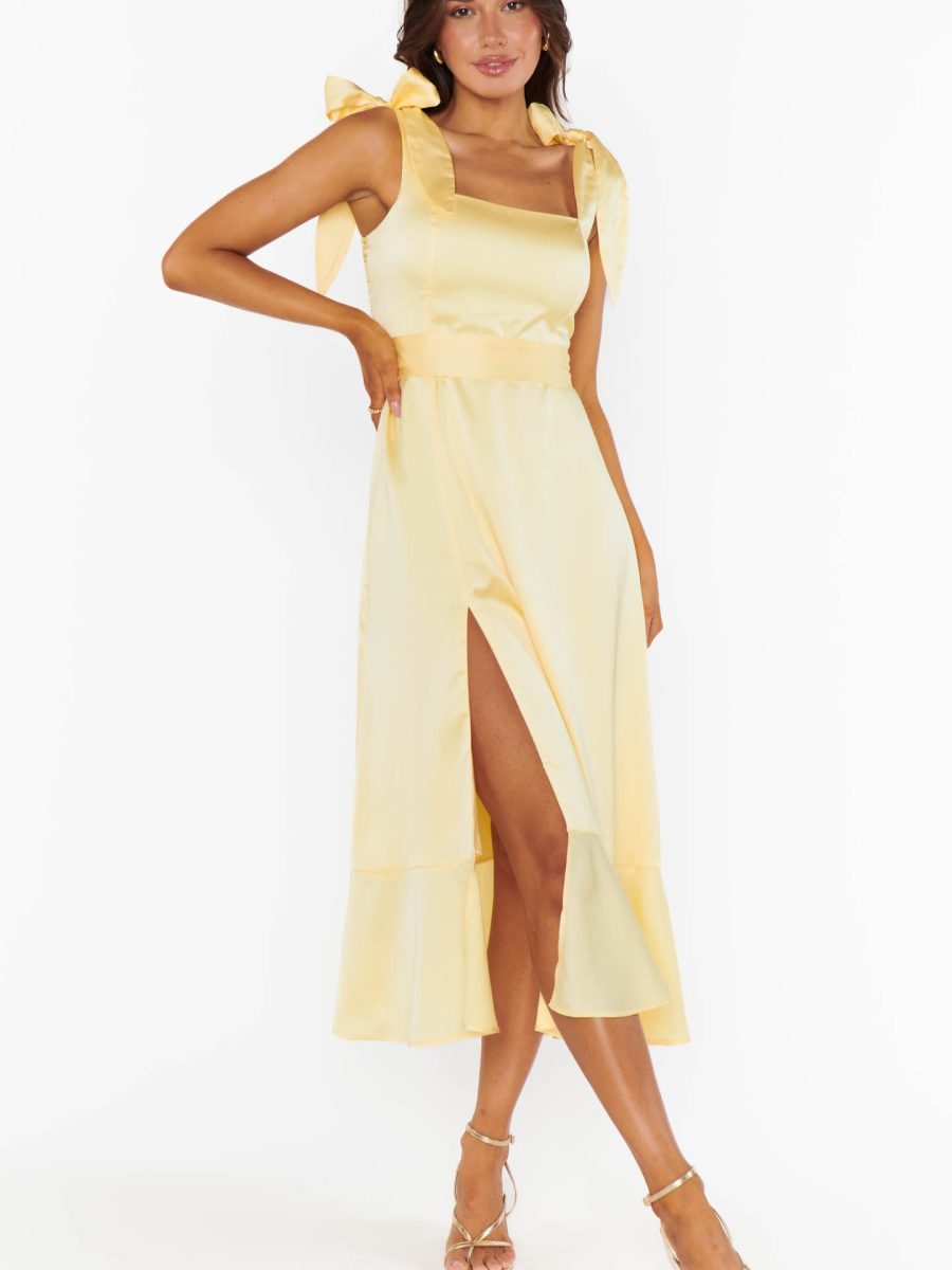 Garden Midi Dress ~ Pale Yellow Luxe Satin