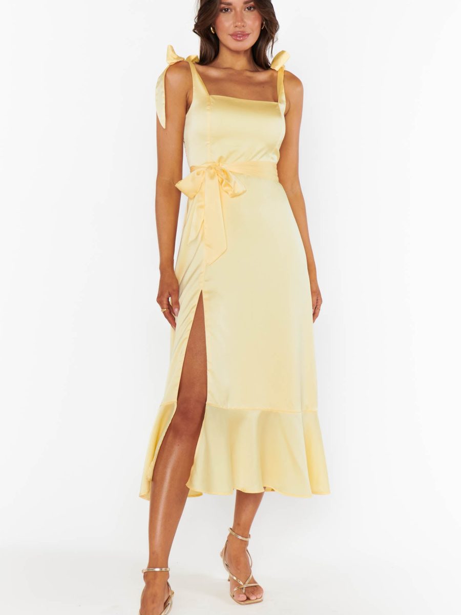 Garden Midi Dress ~ Pale Yellow Luxe Satin