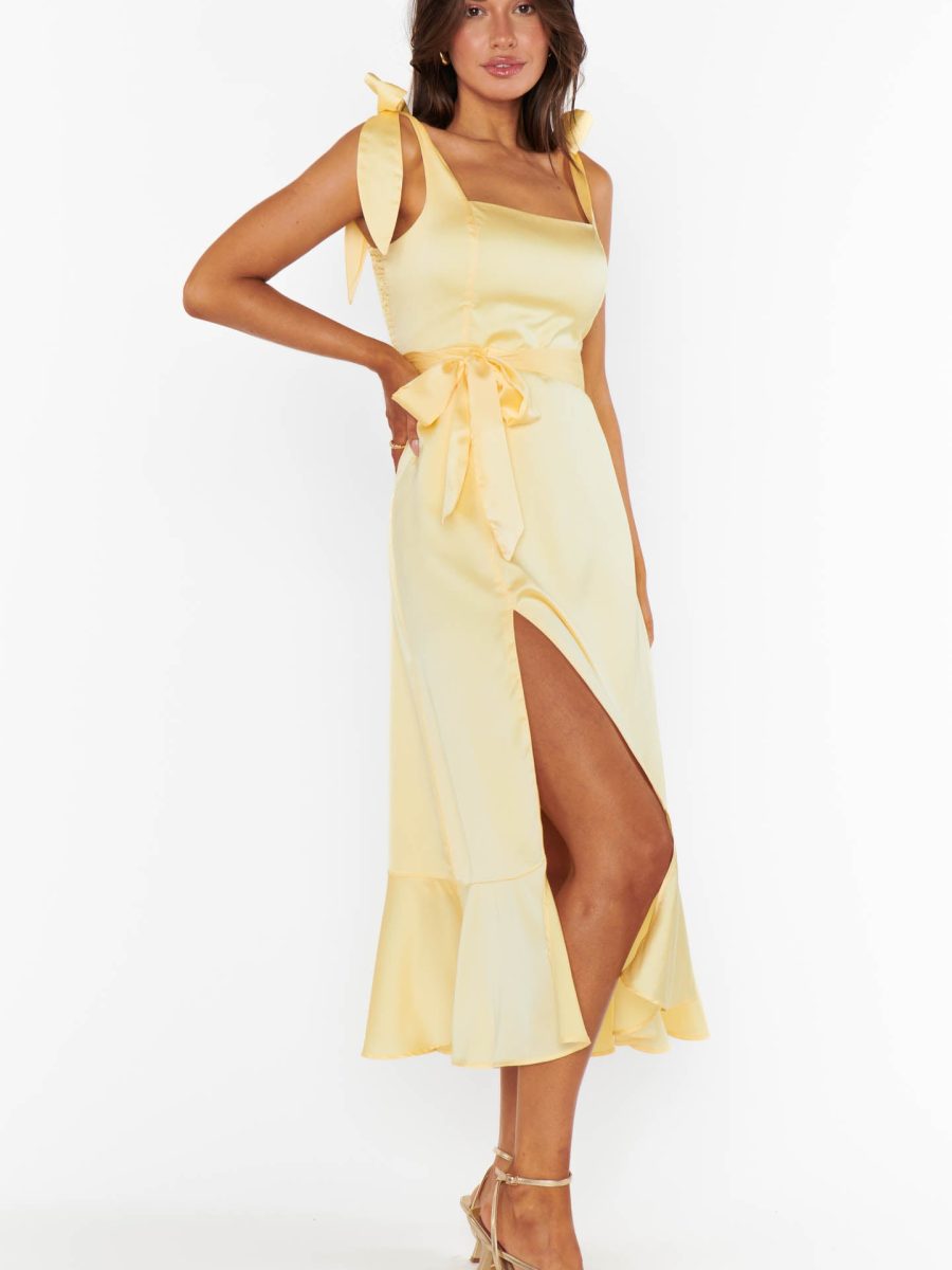 Garden Midi Dress ~ Pale Yellow Luxe Satin