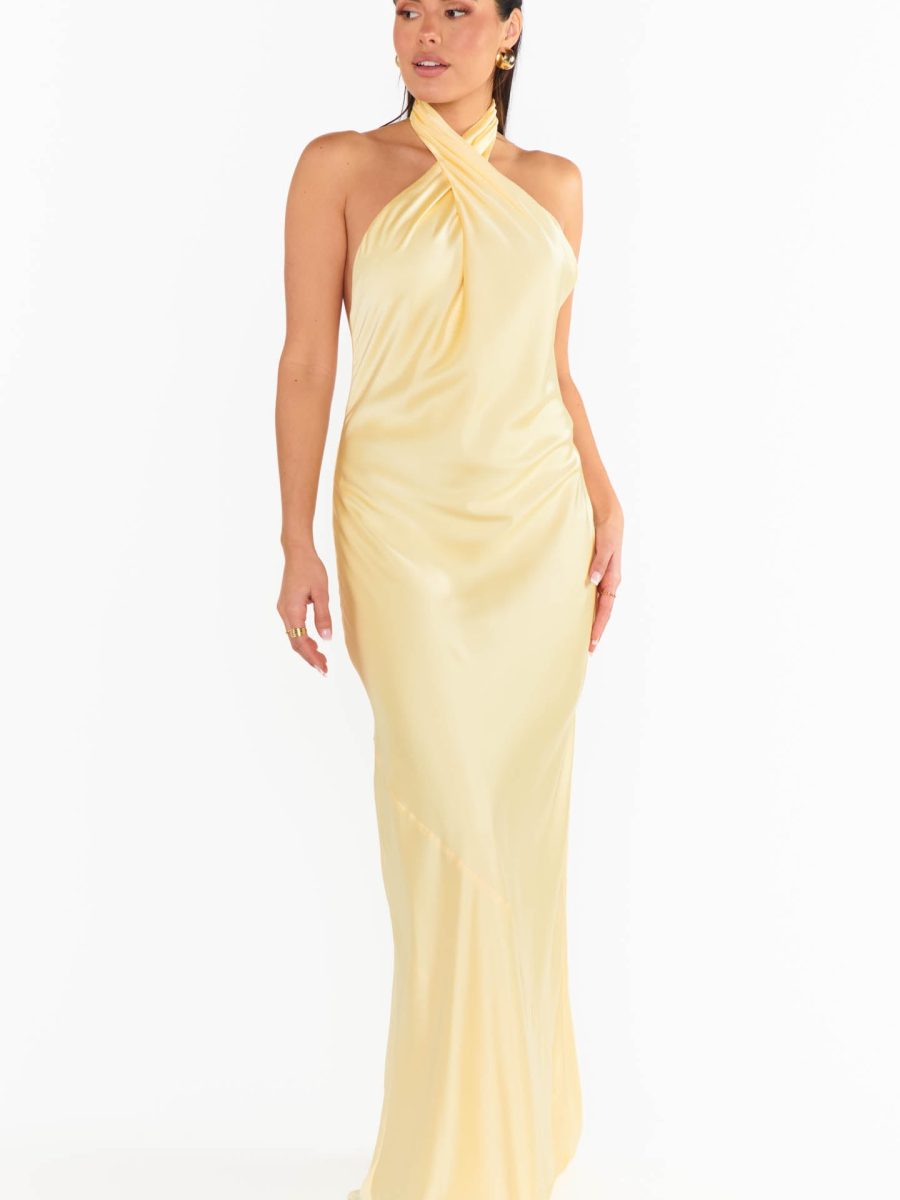 Jasmine Halter Maxi Dress ~ Pale Yellow Luxe Satin