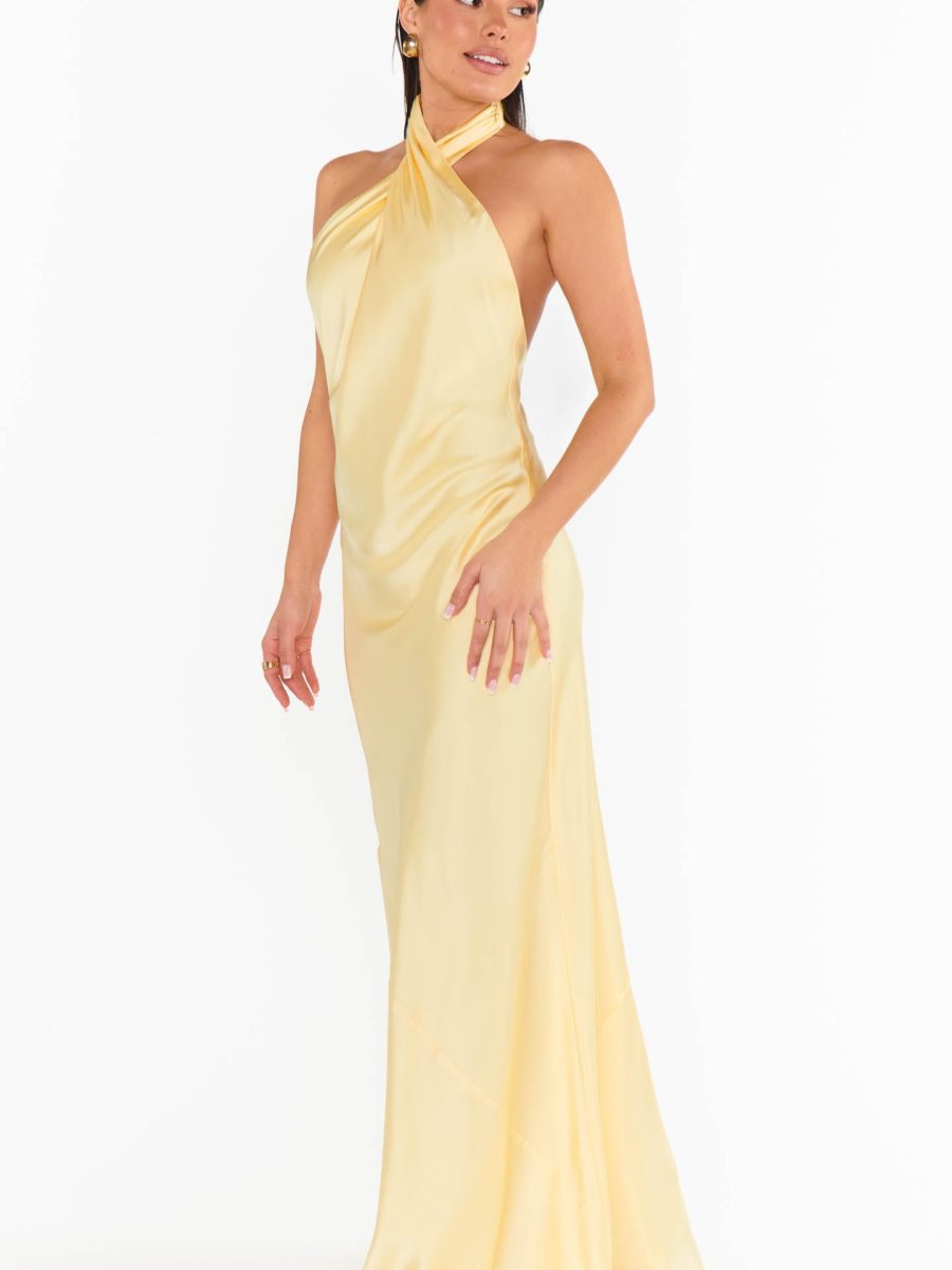 Jasmine Halter Maxi Dress ~ Pale Yellow Luxe Satin