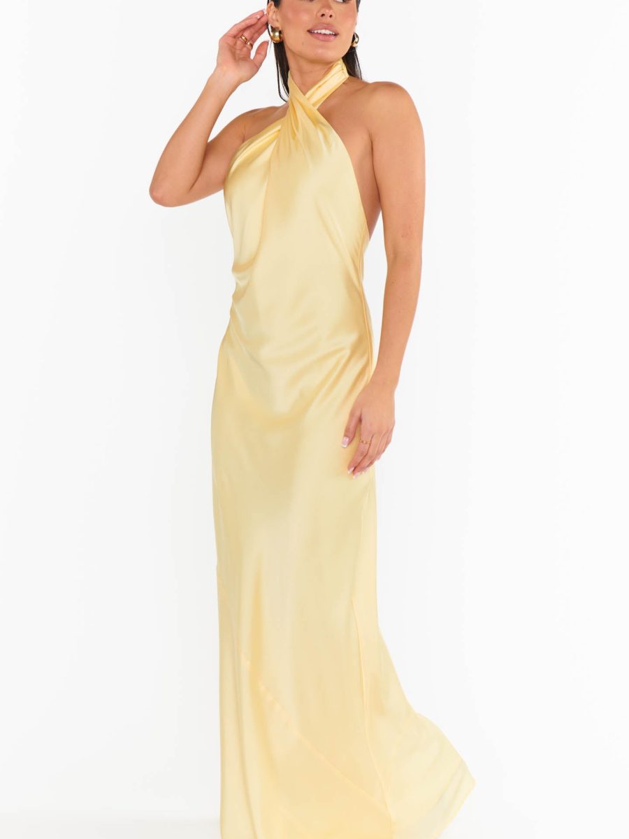 Jasmine Halter Maxi Dress ~ Pale Yellow Luxe Satin