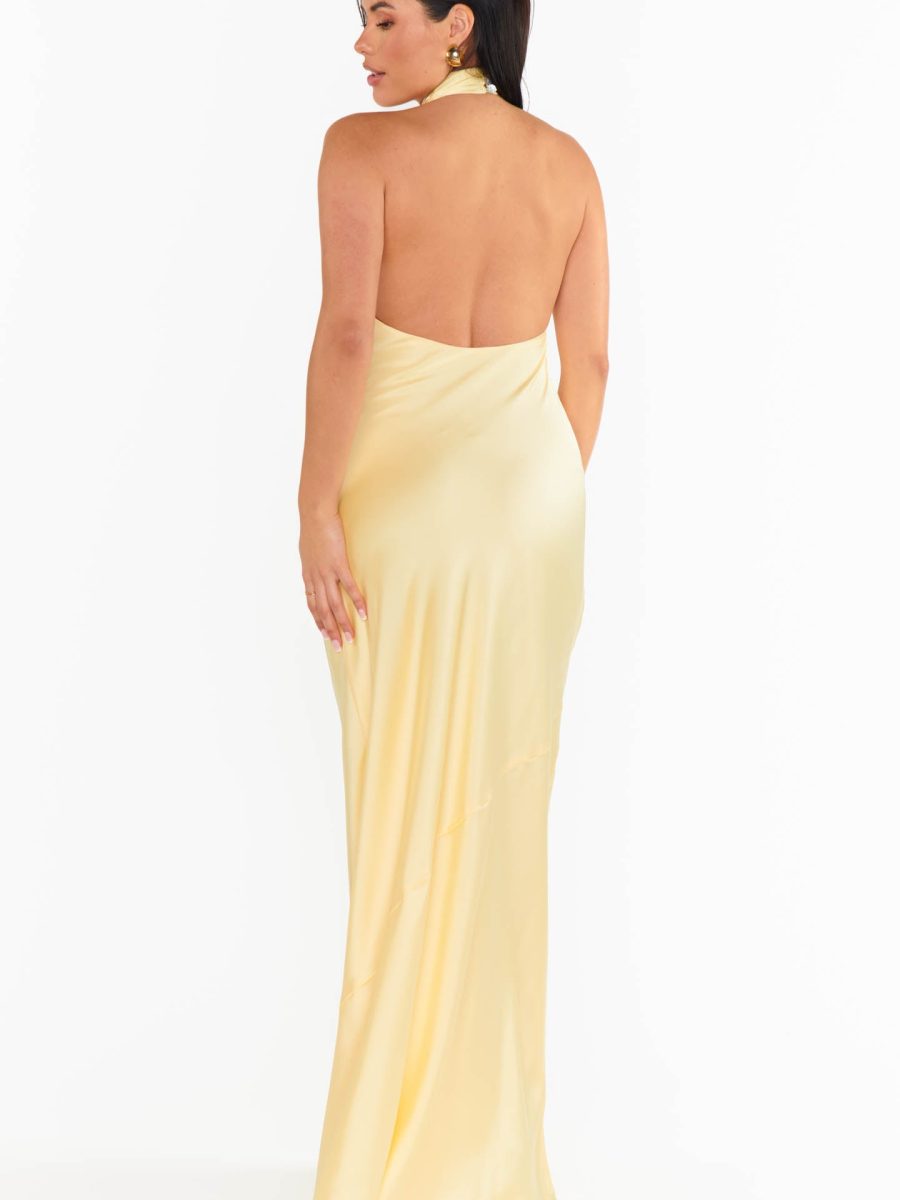 Jasmine Halter Maxi Dress ~ Pale Yellow Luxe Satin
