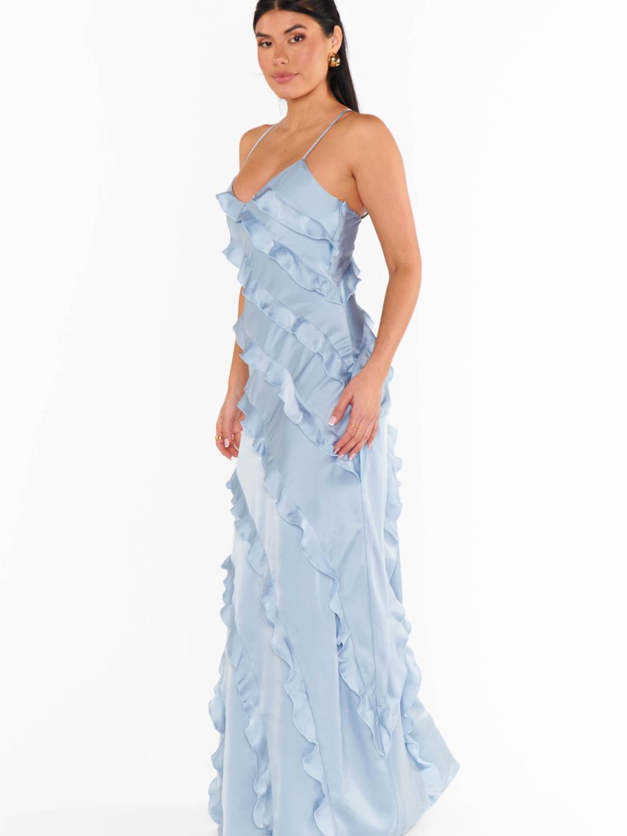 Romance Ruffle Dress ~ Steel Blue Luxe Satin