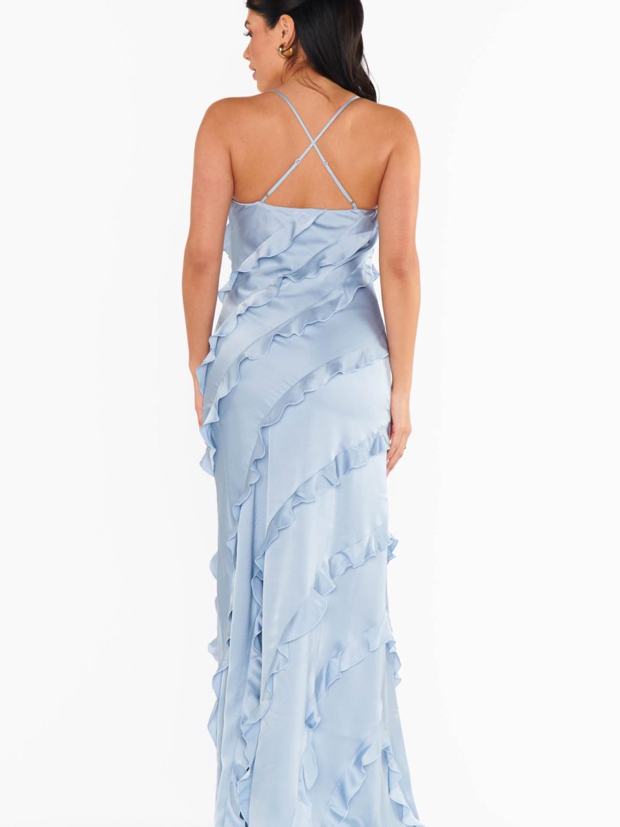 Romance Ruffle Dress ~ Steel Blue Luxe Satin