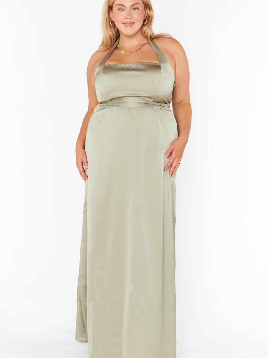Hazel Halter Maxi Dress ~ Moss Green Luxe Satin