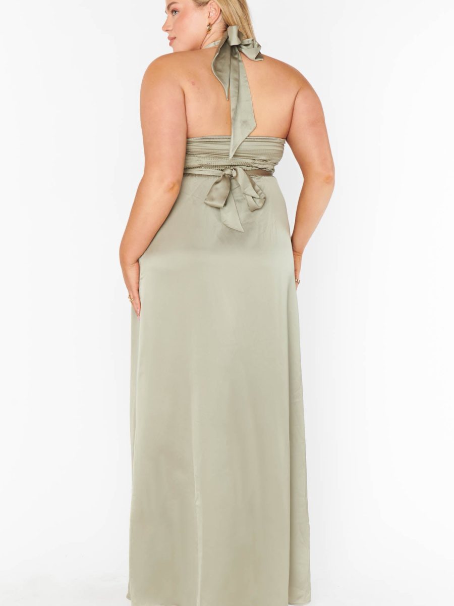 Hazel Halter Maxi Dress ~ Moss Green Luxe Satin