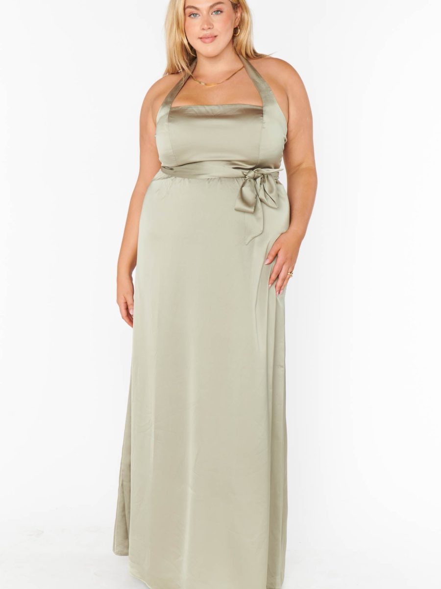 Hazel Halter Maxi Dress ~ Moss Green Luxe Satin