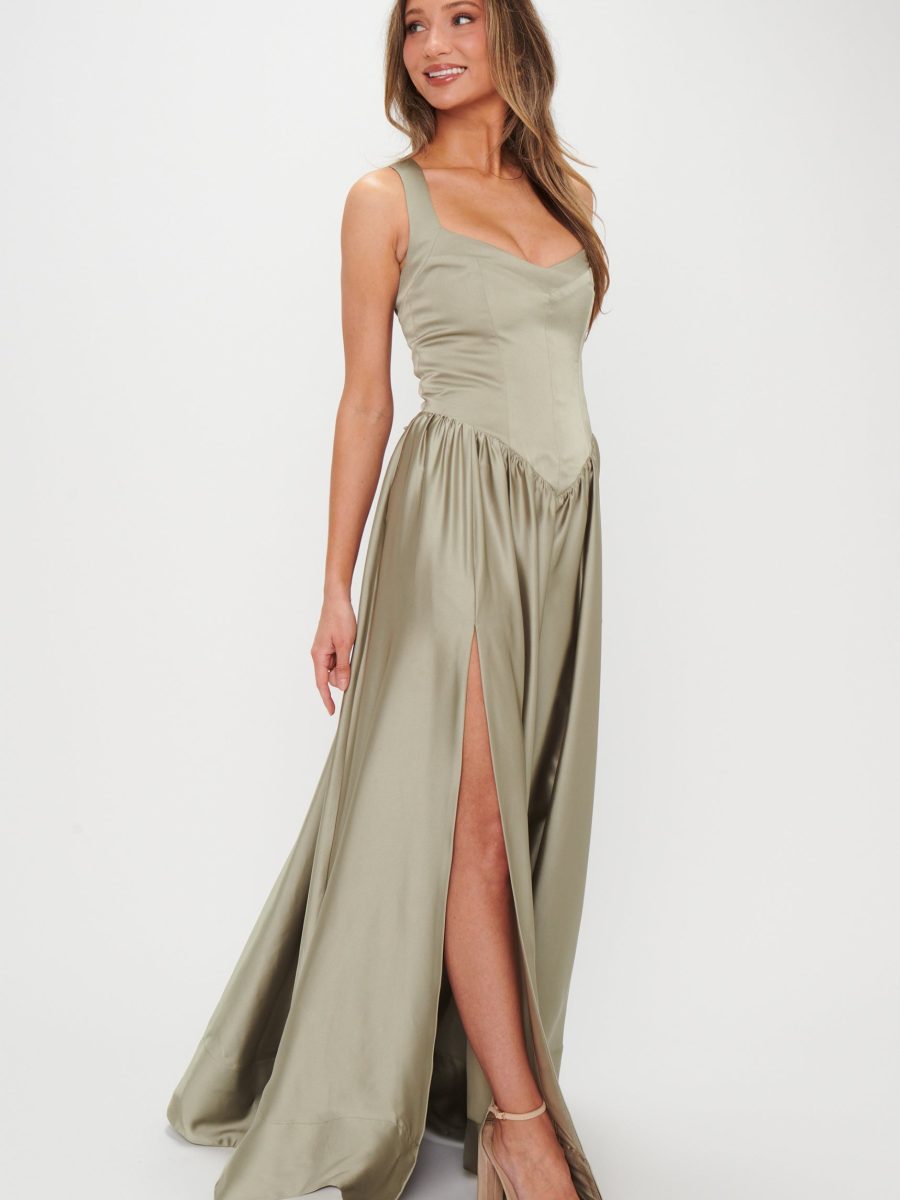 Abigail Maxi Dress ~ Moss Green Luxe Satin
