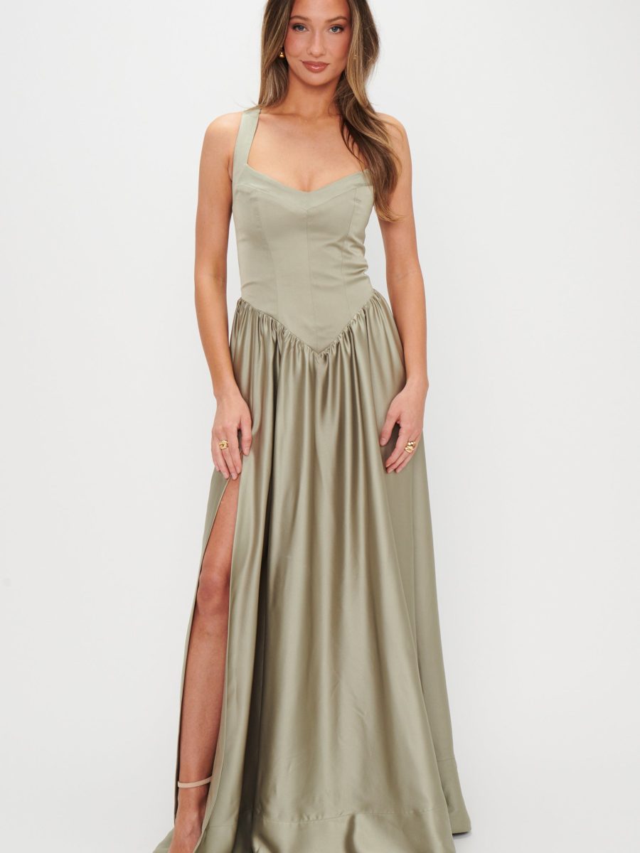 Abigail Maxi Dress ~ Moss Green Luxe Satin