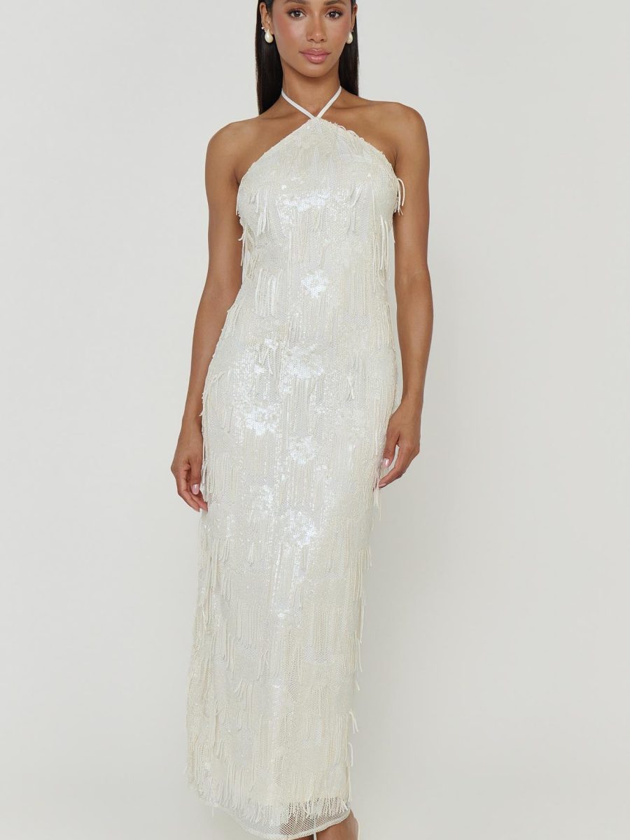 Julianna Maxi Dress ~ White Fringe Sequins