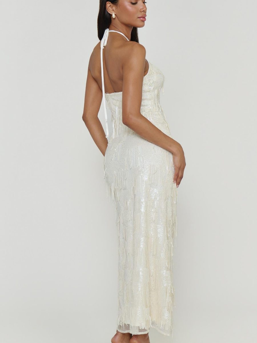 Julianna Maxi Dress ~ White Fringe Sequins