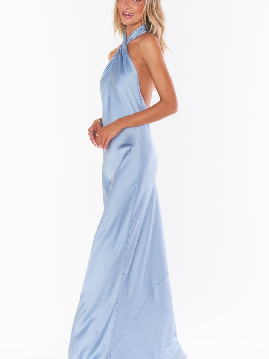 Jasmine Halter Maxi Dress ~ Steel Blue Luxe Satin
