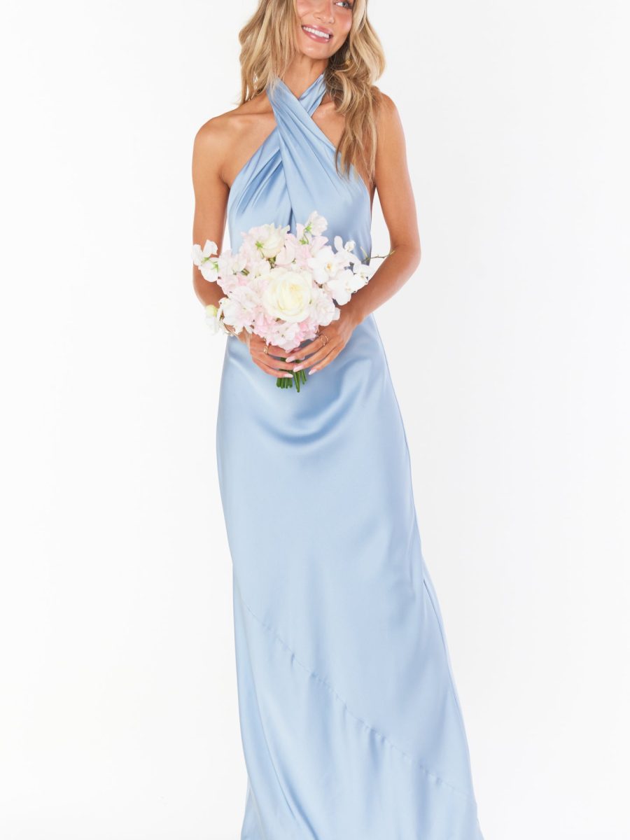 Jasmine Halter Maxi Dress ~ Steel Blue Luxe Satin