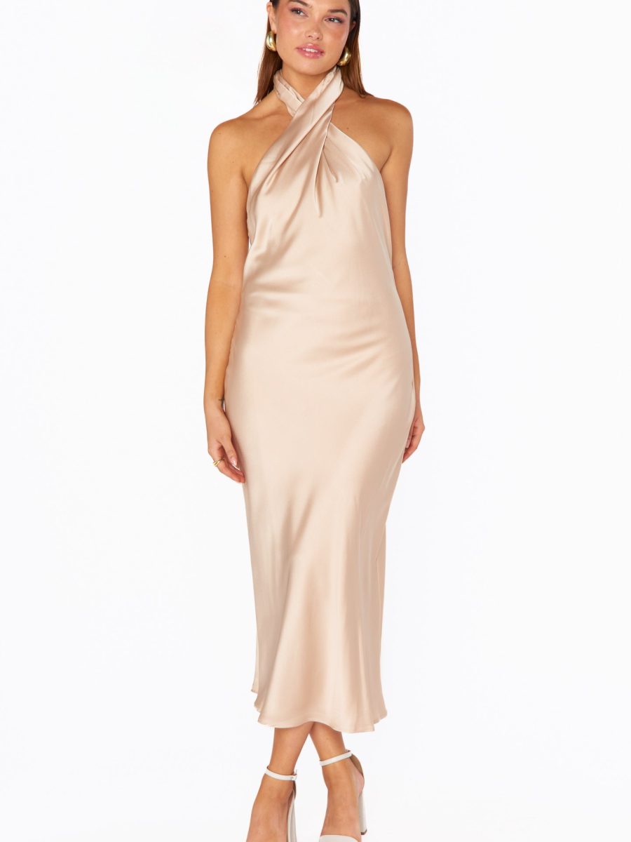 Jasmine Halter Midi Dress ~ Champagne Luxe Satin