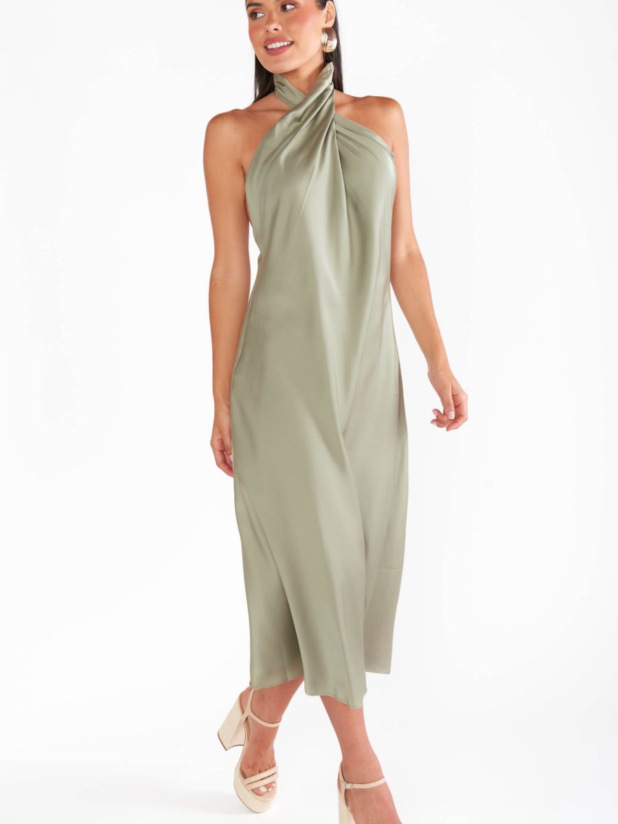 Jasmine Halter Midi Dress ~ Moss Green Luxe Satin