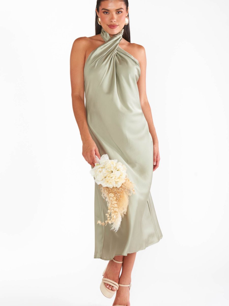 Jasmine Halter Midi Dress ~ Moss Green Luxe Satin
