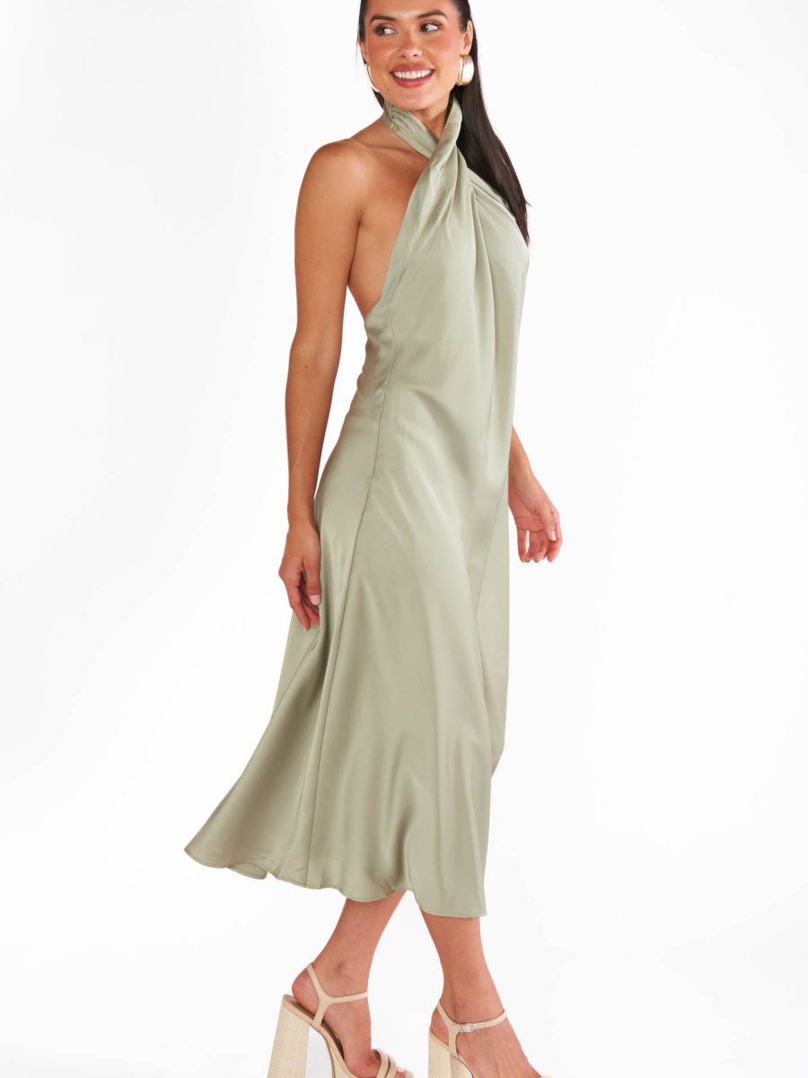 Jasmine Halter Midi Dress ~ Moss Green Luxe Satin
