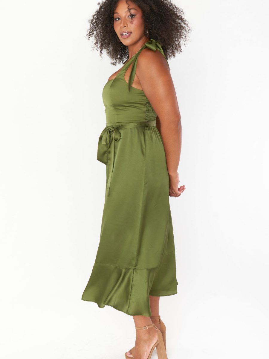 Claire Midi Dress ~ Rich Olive Luxe Satin