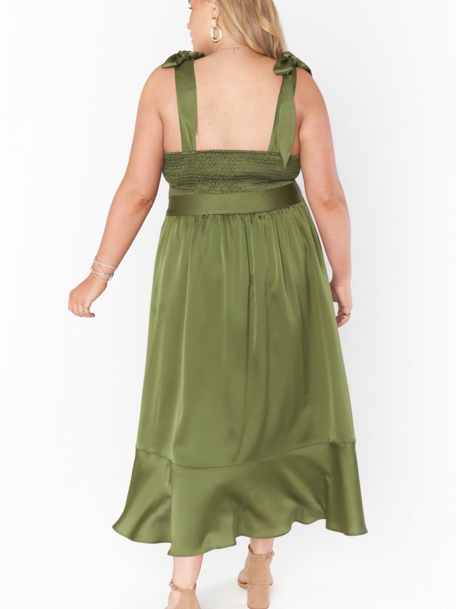 Claire Midi Dress ~ Rich Olive Luxe Satin