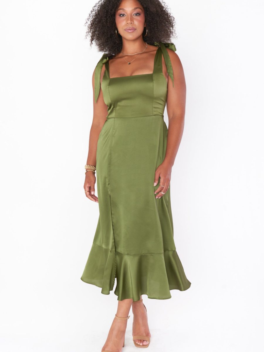 Claire Midi Dress ~ Rich Olive Luxe Satin