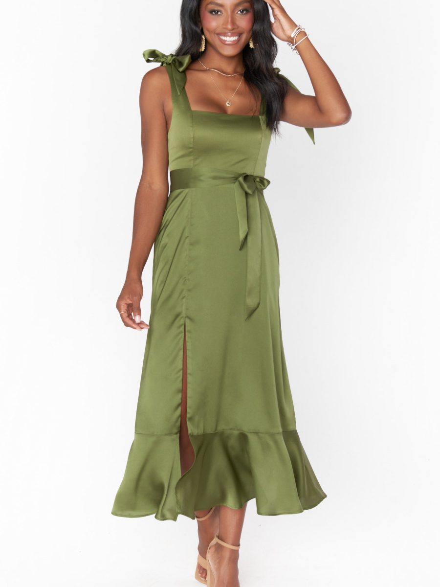 Claire Midi Dress ~ Rich Olive Luxe Satin