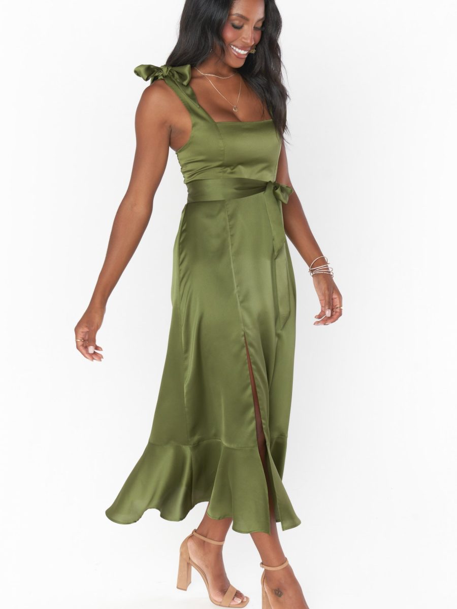 Claire Midi Dress ~ Rich Olive Luxe Satin