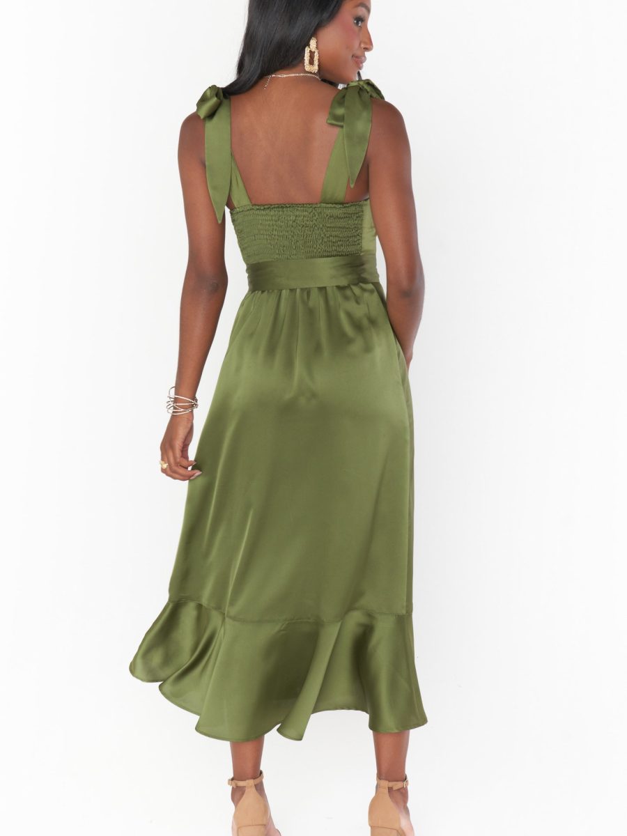 Claire Midi Dress ~ Rich Olive Luxe Satin