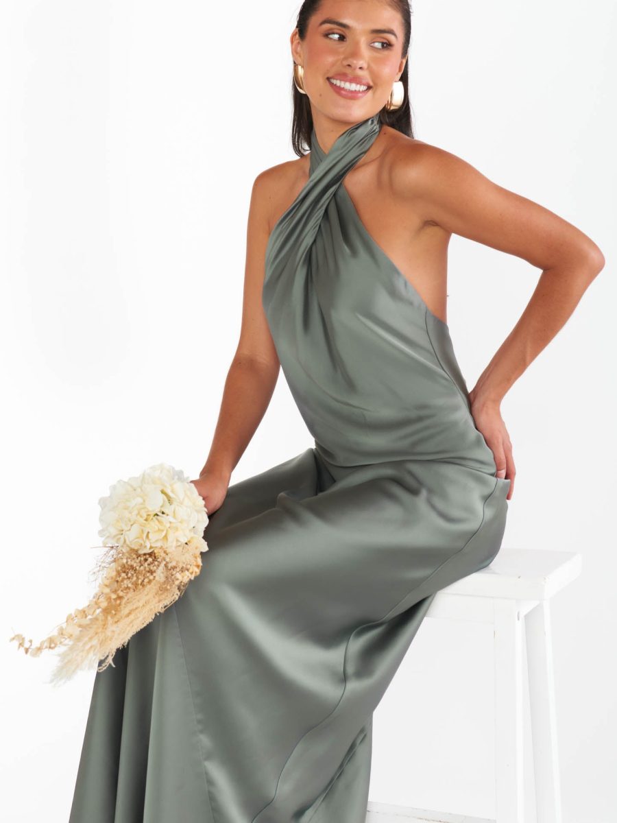 Jasmine Halter Maxi Dress ~ Deep Sage Luxe Satin
