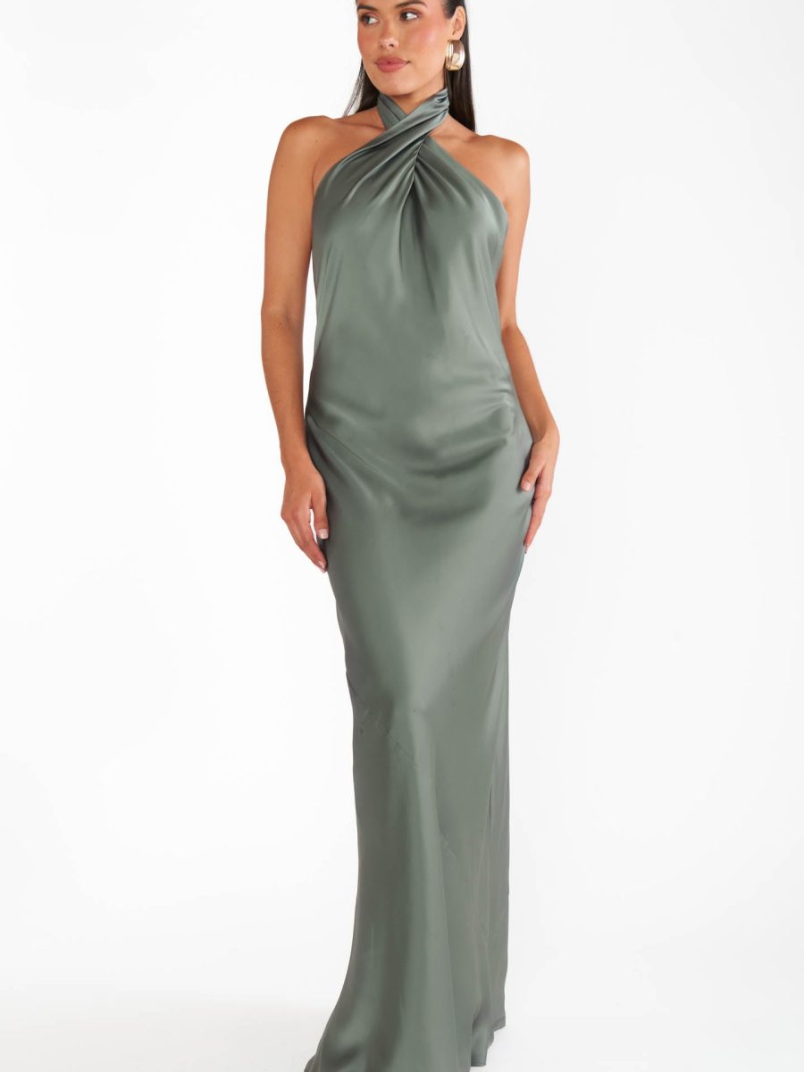 Jasmine Halter Maxi Dress ~ Deep Sage Luxe Satin