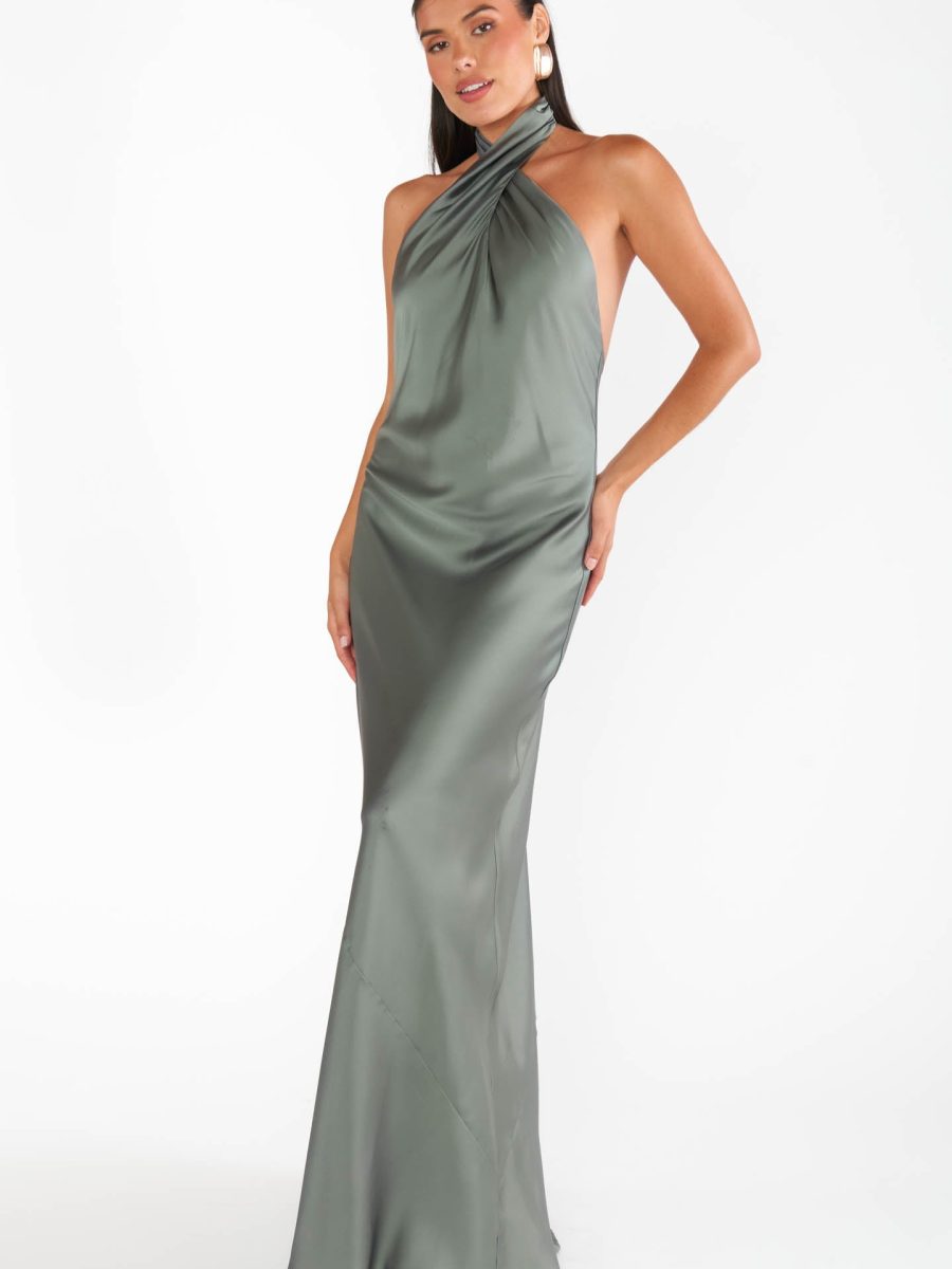 Jasmine Halter Maxi Dress ~ Deep Sage Luxe Satin