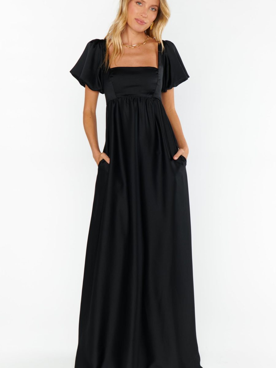 Nora Maxi Dress ~ Black Luxe Satin