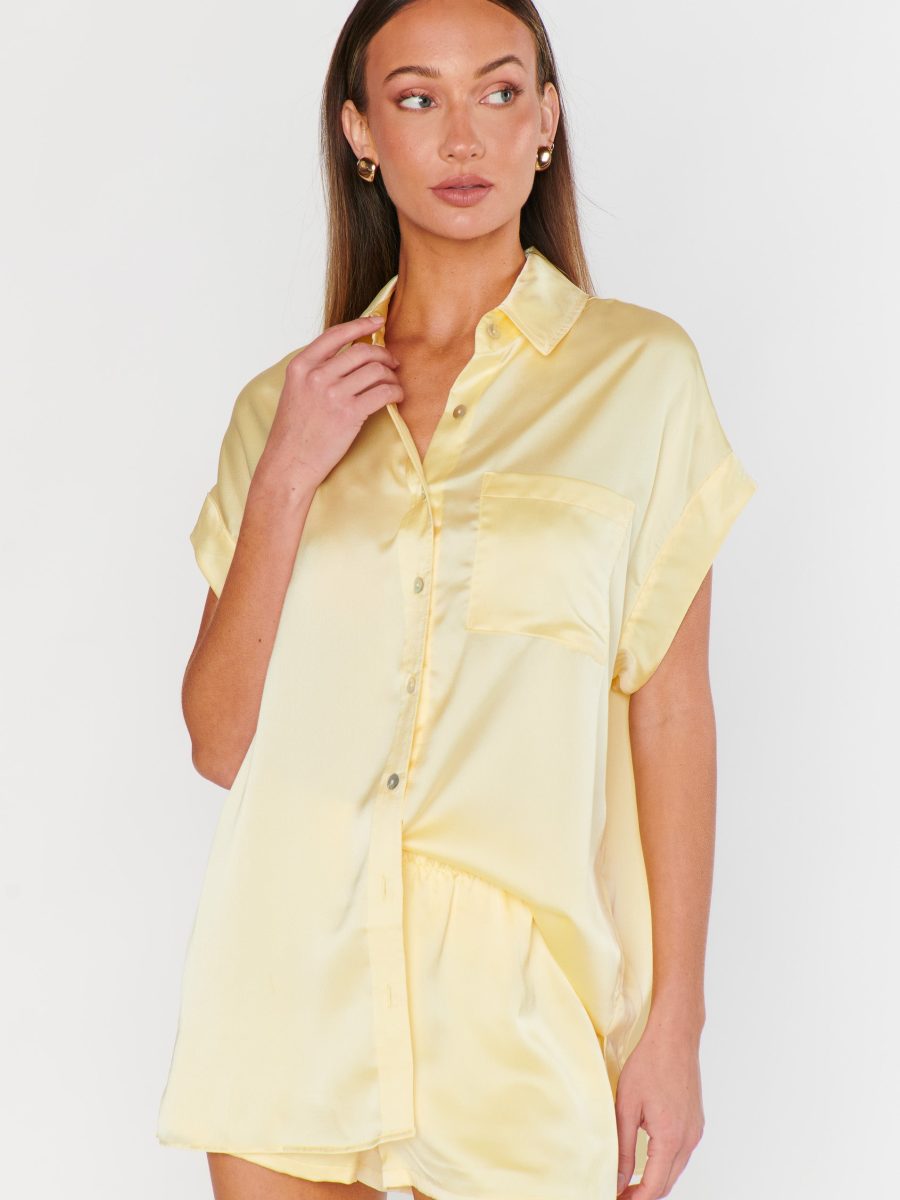 Best Day Button Up ~ Pale Yellow Luxe Satin