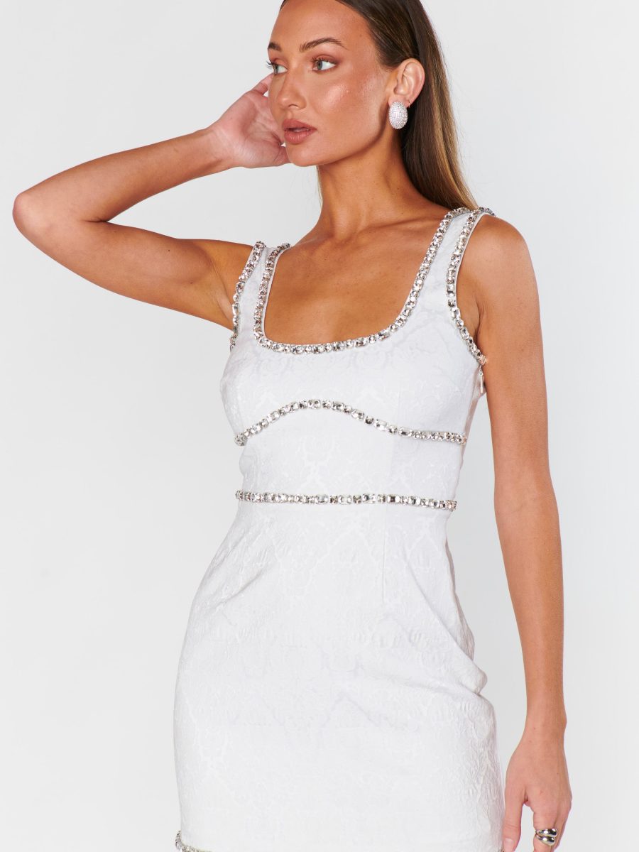 Gina Dress ~ White Rhinestone Jacquard