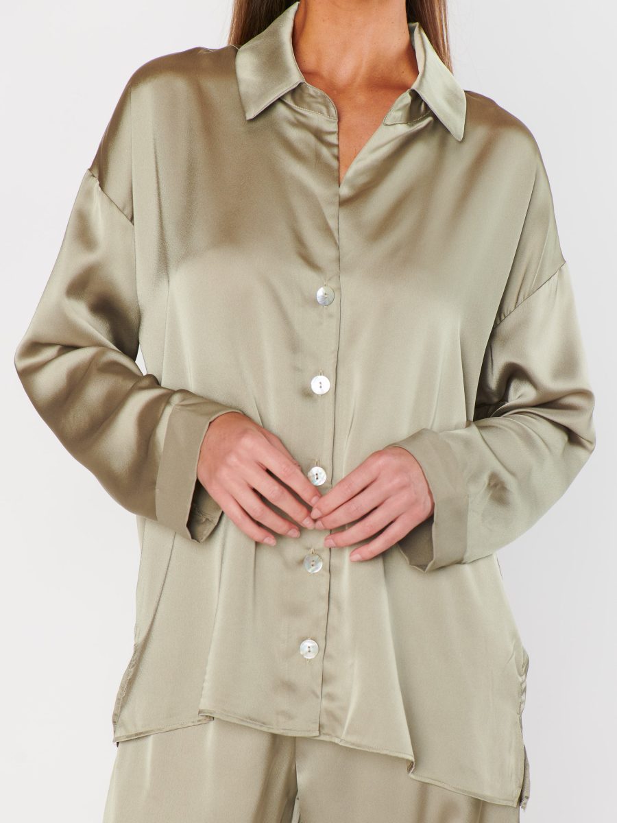 Always and Forever Button Down ~ Moss Green Luxe Satin
