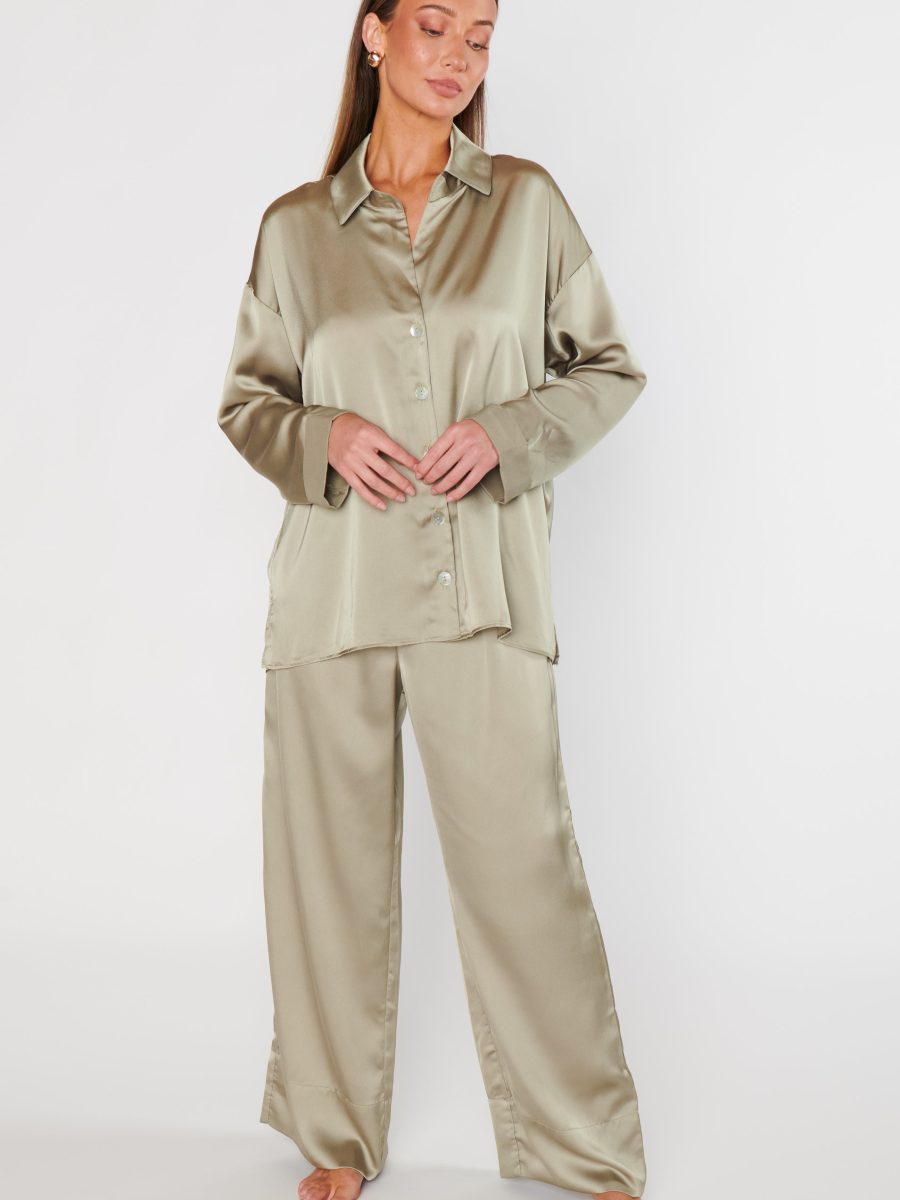 Always and Forever Button Down ~ Moss Green Luxe Satin