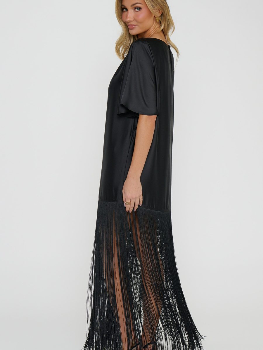 Mary Kate Fringe Dress ~ Black Luxe Satin