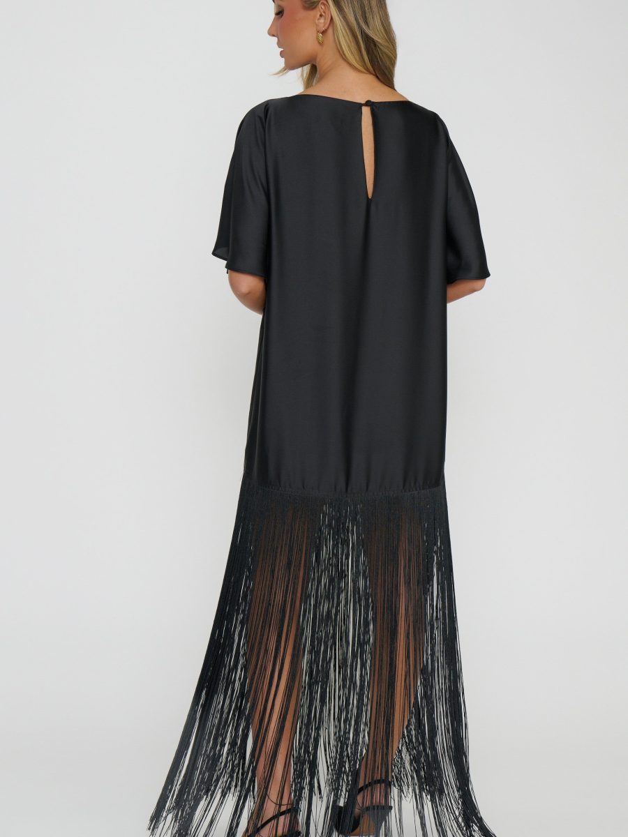 Mary Kate Fringe Dress ~ Black Luxe Satin
