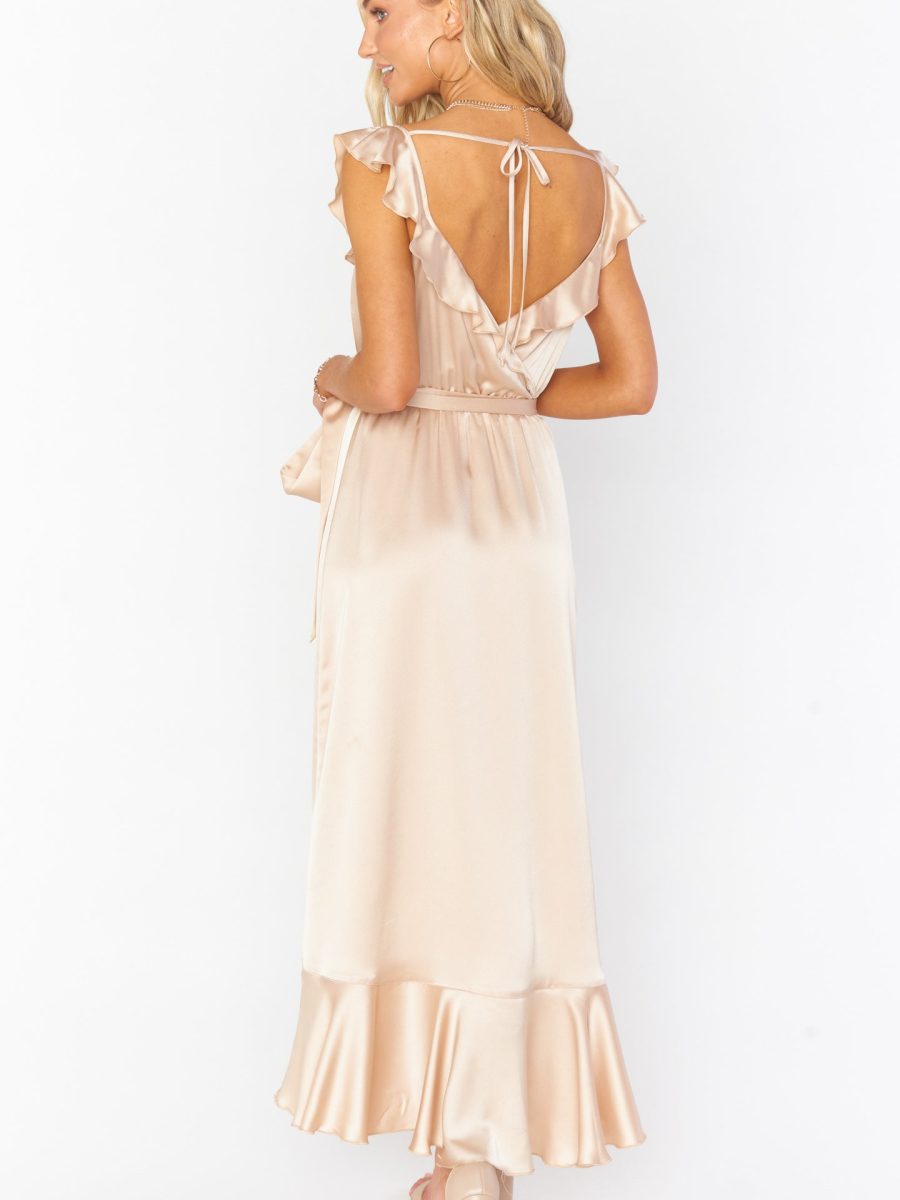Samantha Ruffle Wrap Dress ~ Champagne Luxe Satin