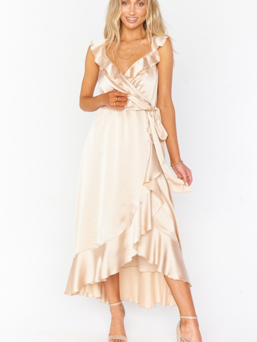 Samantha Ruffle Wrap Dress ~ Champagne Luxe Satin