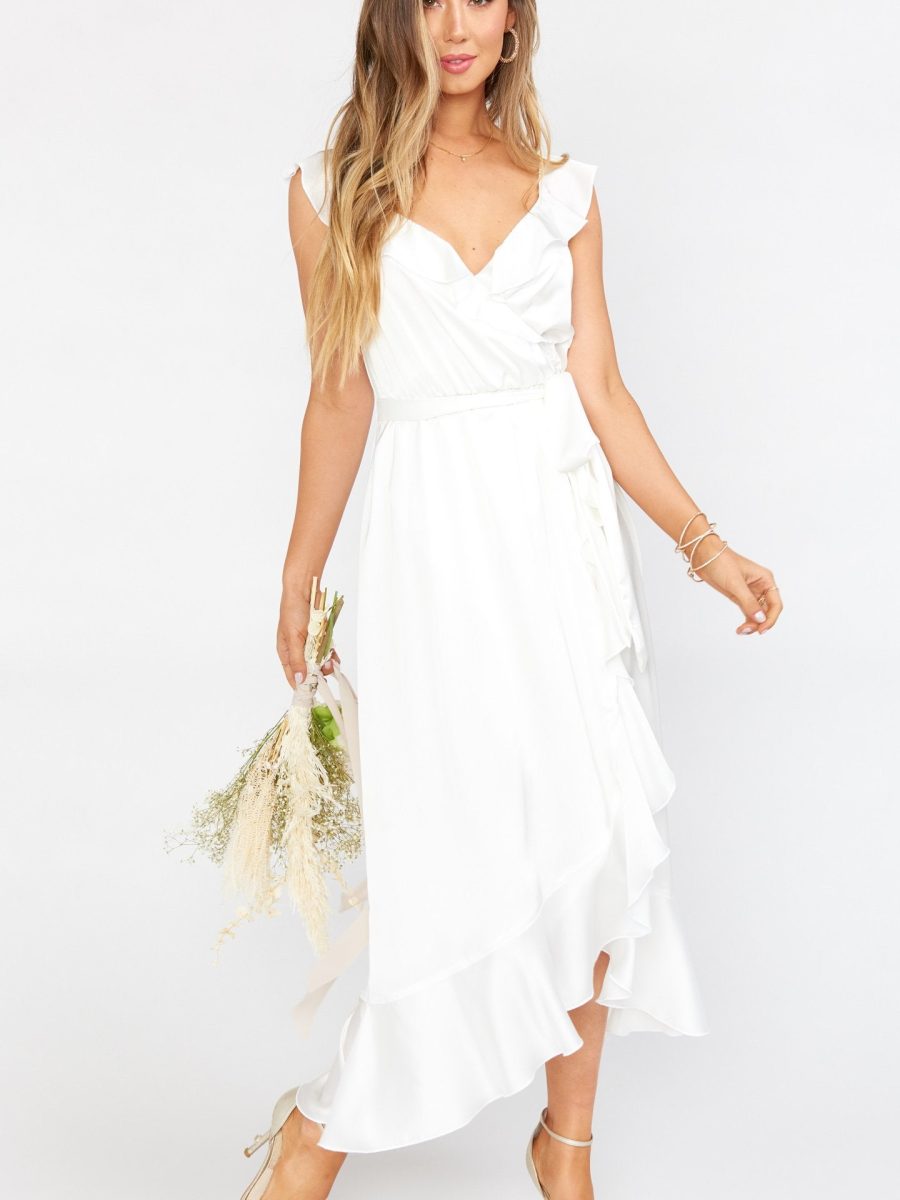 Samantha Ruffle Wrap Dress ~ Ivory Luxe Satin