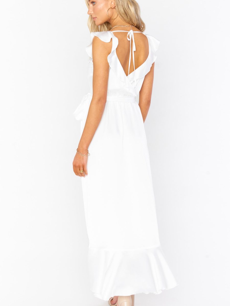 Samantha Ruffle Wrap Dress ~ Ivory Luxe Satin