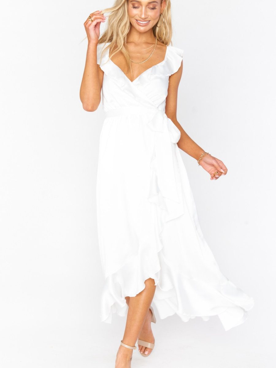 Samantha Ruffle Wrap Dress ~ Ivory Luxe Satin