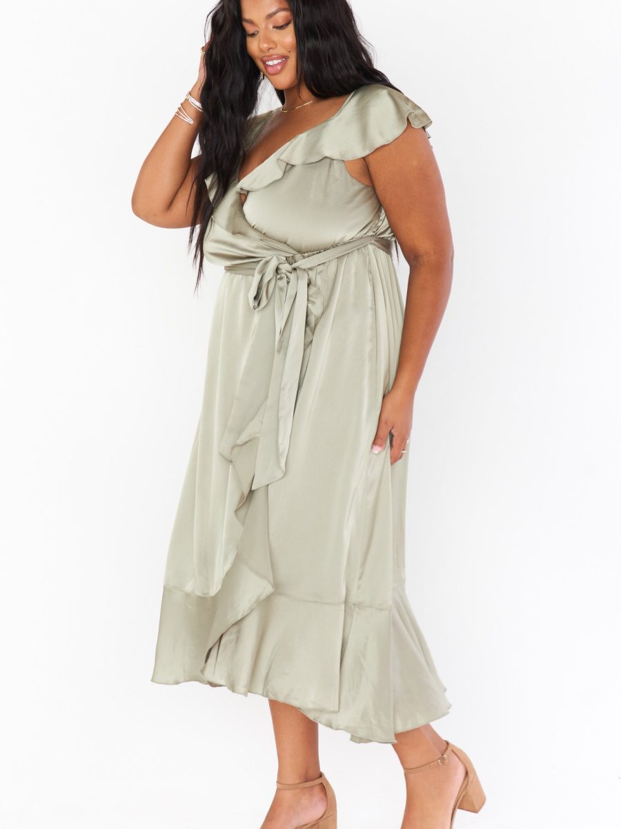 Samantha Ruffle Wrap Dress ~ Moss Green Luxe Satin